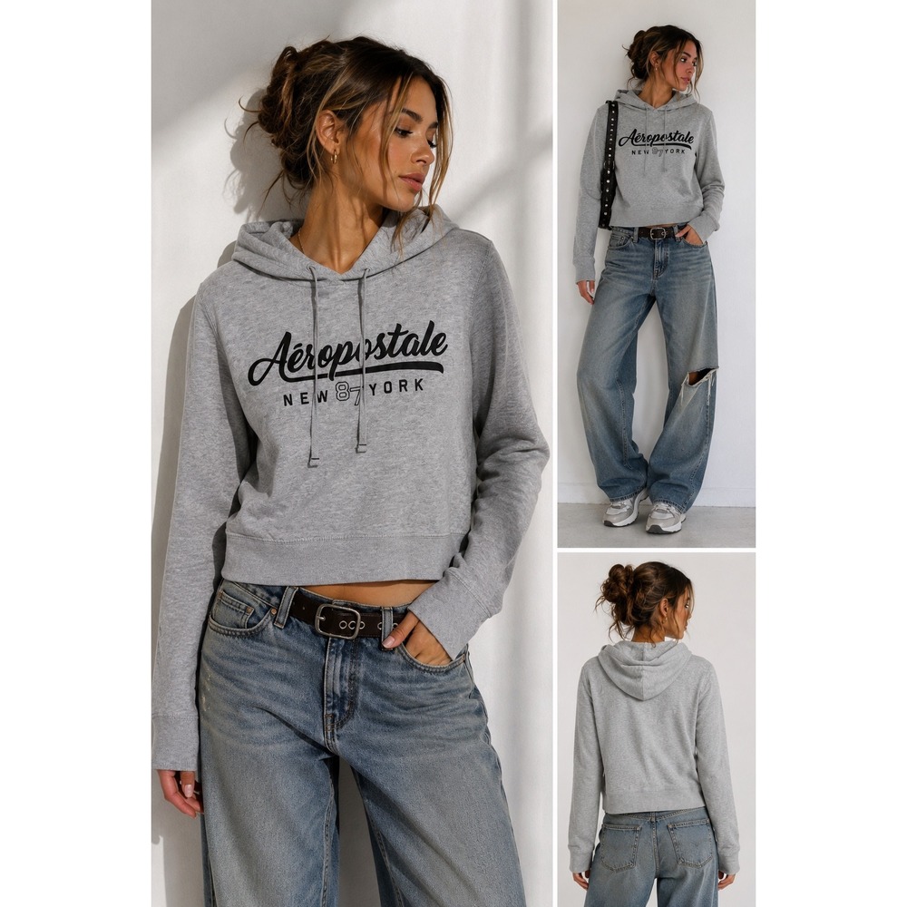 Aeropostale Hoodie Women M Gray Cropped New York 87 Graphic Pullover Y2K Fleece